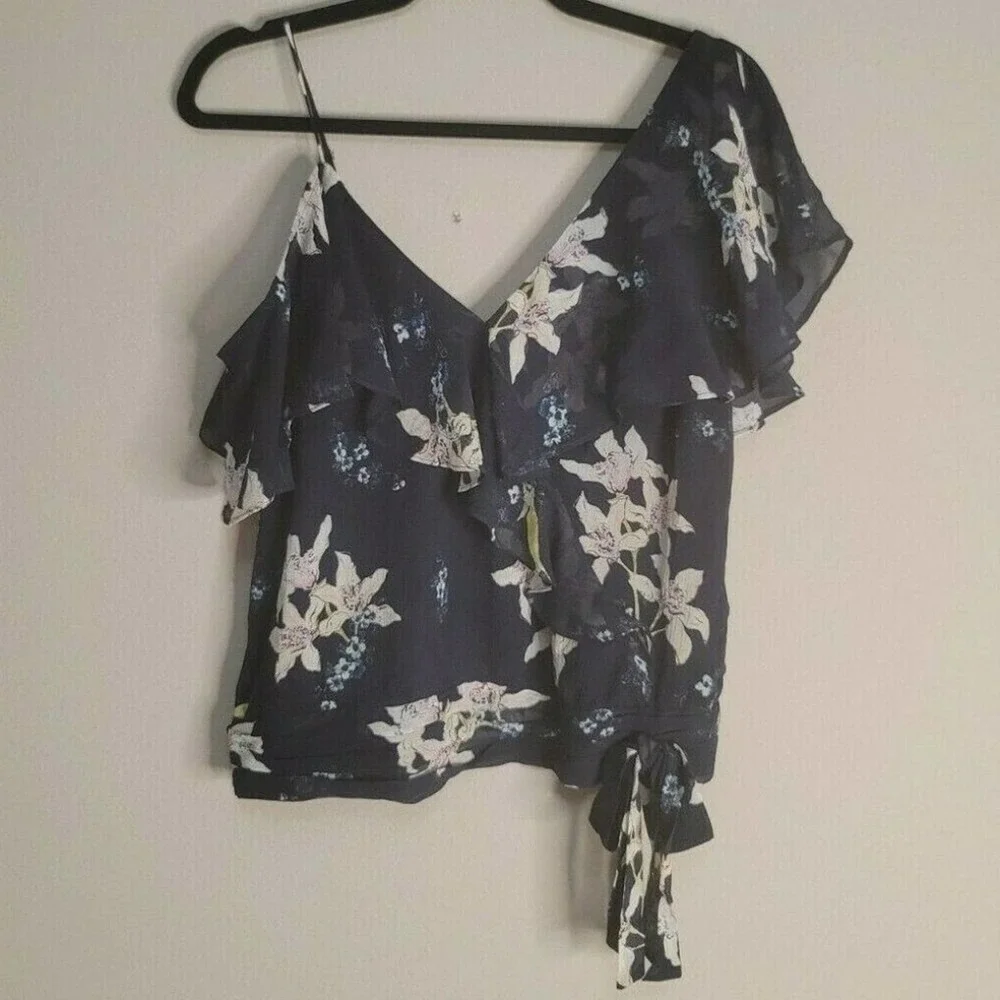 PAIGE Chereen Ruffle One-Shoulder Silk Ruffle Trim Flutter Sleeve Top Size Small